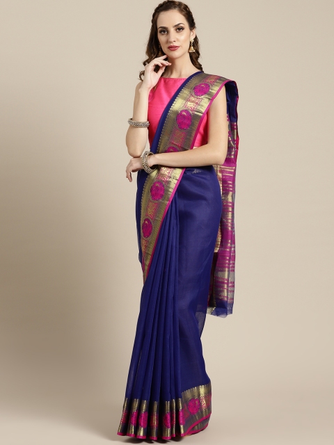 

Ishin Navy Blue & Pink Solid Saree