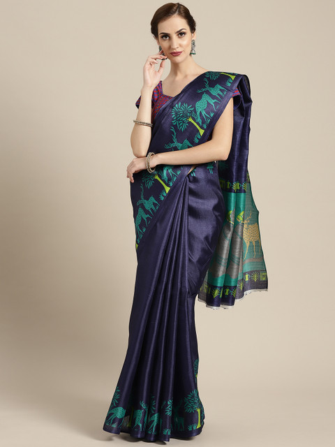 

Ishin Navy Blue & Green Solid Saree