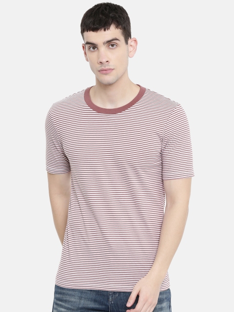

SELECTED Men White & Mauve Striped Round Neck T-shirt