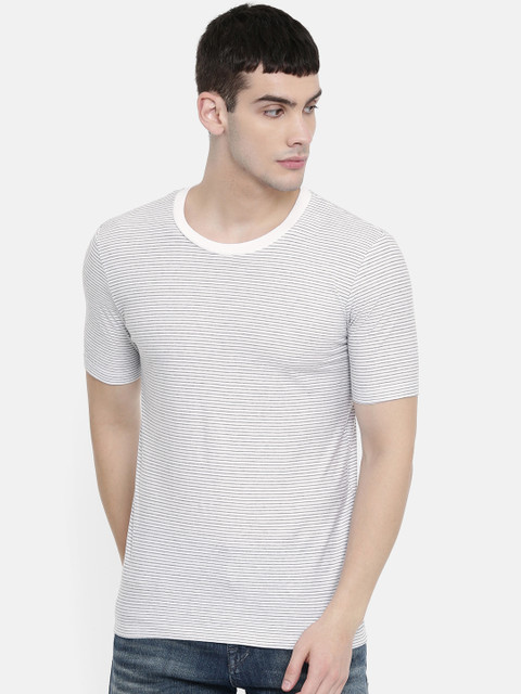 

SELECTED Men White & Black Striped Round Neck T-shirt