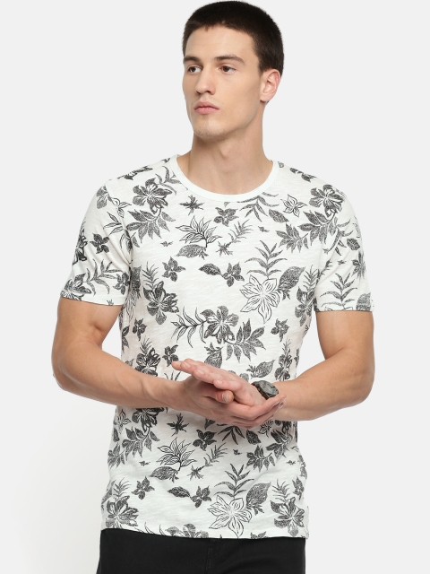 

SELECTED Men White Black Printed Round Neck Pure Cotton T-shirt