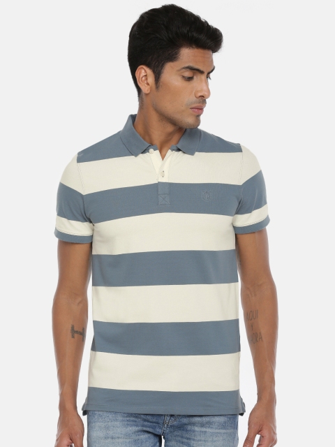 

SELECTED Men Blue & White Striped Polo Collar T-shirt