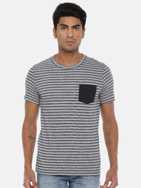 

SELECTED Men Navy Blue & White Striped Round Neck T-shirt