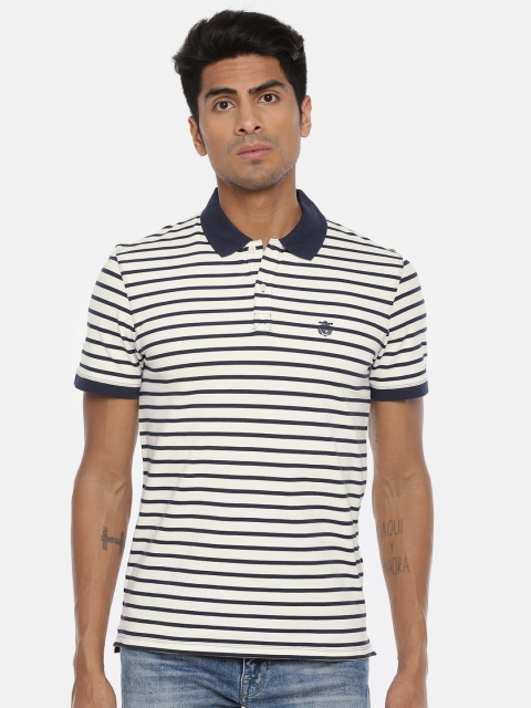 

SELECTED Men Blue & Off White Striped Polo Collar T-shirt