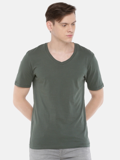 

SELECTED Men Olive Green Solid V-Neck T-shirt