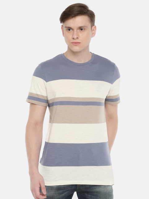 

SELECTED Men Blue Striped Round Neck Pure Cotton T-shirt