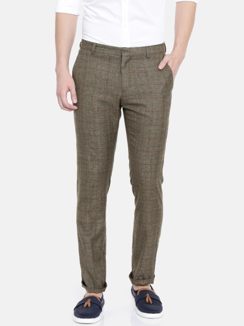 

SELECTED Men Brown & Red Slim Fit Checked Formal Trousers