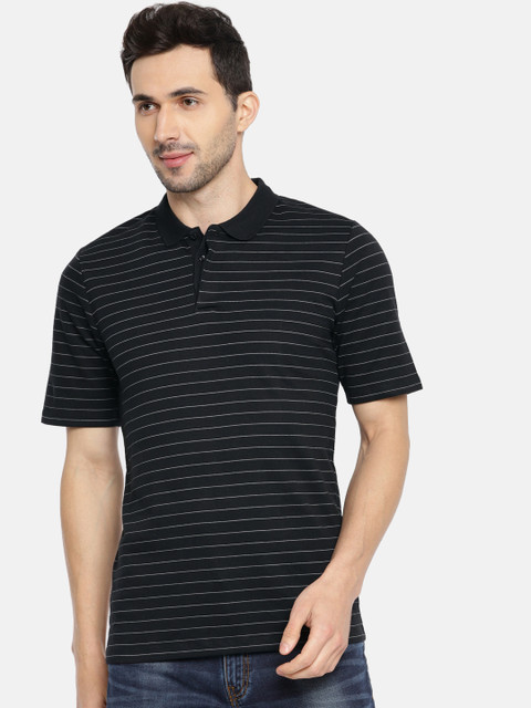 

SELECTED Men Black & White Striped Polo Collar T-shirt