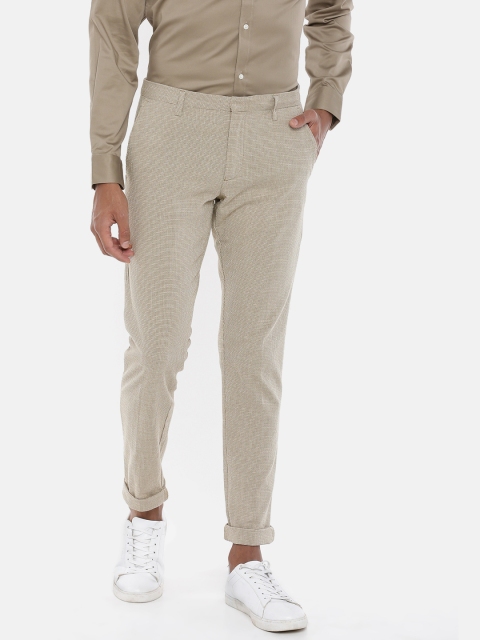 

SELECTED Men Cream-Coloured & White Skinny Fit Self Design Regular Trousers