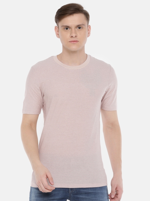 

SELECTED Men Pink Brown Striped Round Neck Pure Cotton T-shirt