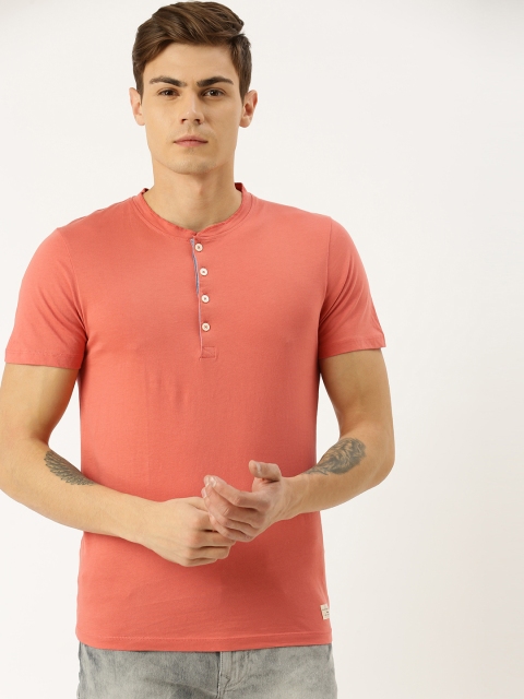 

SELECTED Men Pink Solid Henley Neck T-shirt