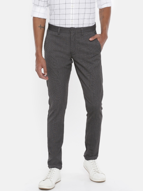 

SELECTED Men Grey & Black Skinny Fit Self-Design Casual Trousers