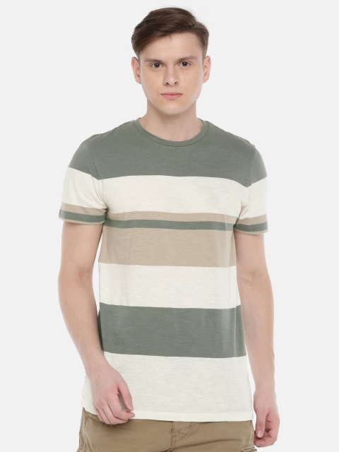 

SELECTED Men Green Off White Striped Round Neck Pure Cotton T-shirt