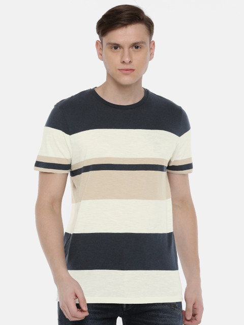 

SELECTED Men Navy Blue & Off-White Striped Round Neck T-shirt