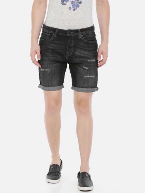 

SELECTED Men Charcoal Grey Straight Fit Washed Distressed Shorts