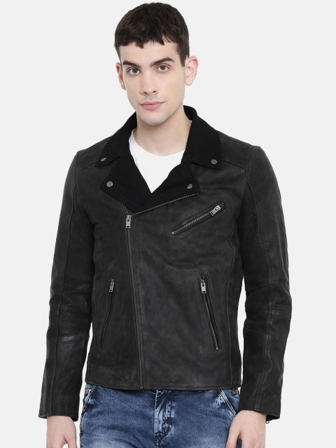 

SELECTED Men Black Solid Leather Jacket