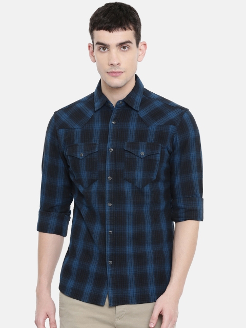 

SELECTED Men Navy Blue & Black Slim Fit Checked Casual Shirt