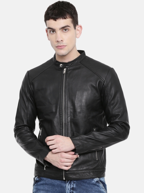 

SELECTED Men Black Solid Leather Jacket