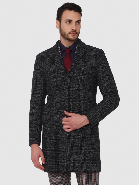 

SELECTED Men Charcoal Grey Checked Single-Breasted Longline Overcoat