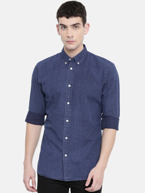 

SELECTED Men Navy Blue & White Slim Fit Checked Casual Shirt