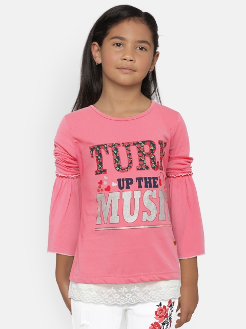 

612 league Girls Pink Printed Pure Cotton Top