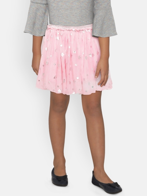 

612 league Girls Pink & Silver-Toned Printed Flared Skirt