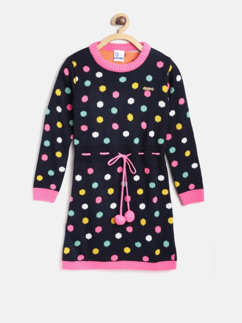 

612 league Girls Navy Blue & Pink Self Design Sweater Dress