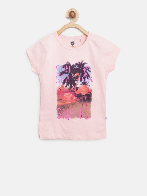 

612 league Girls Peach-Coloured Printed T-shirt