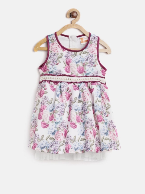 

612 league Girls White & Purple Floral Print Fit and Flare Dress