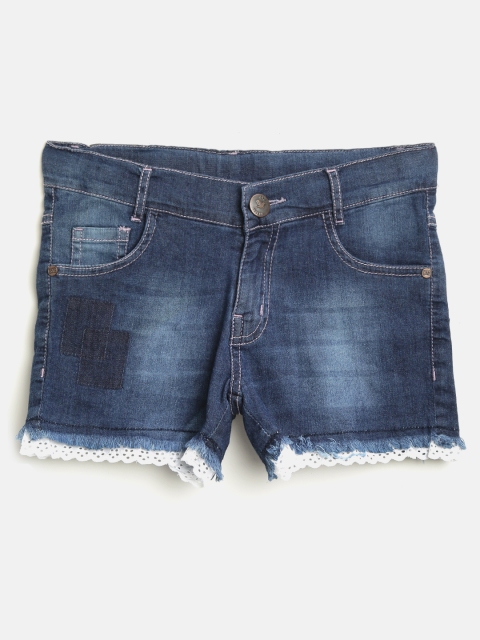 

612 league Girls Navy Blue Washed Regular Fit Denim Shorts