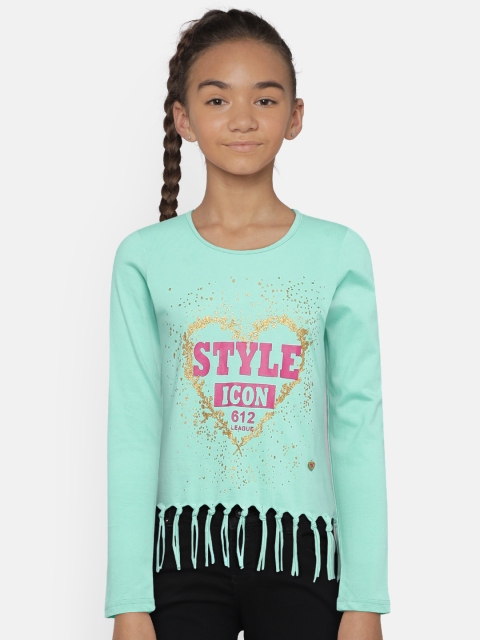 

612 league Girls Green Printed Fringed Top