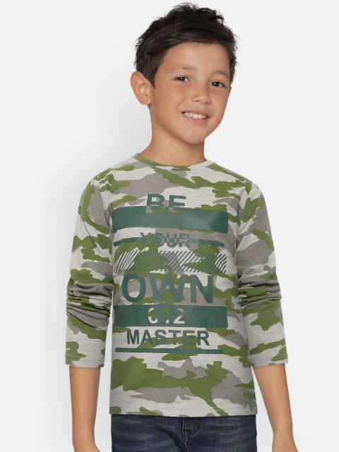 

612 league Boys Grey Melange & Green Camouflage Print Round Neck T-shirt