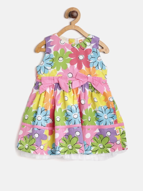 

612 league Girls White & Pink Floral Print Fit and Flare Dress