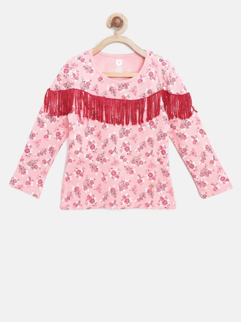 

612 league Girls Pink Printed Top with Fringed Detail