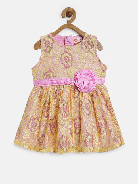 

612 league Girls Yellow & Pink Self Design Fit and Flare Dress