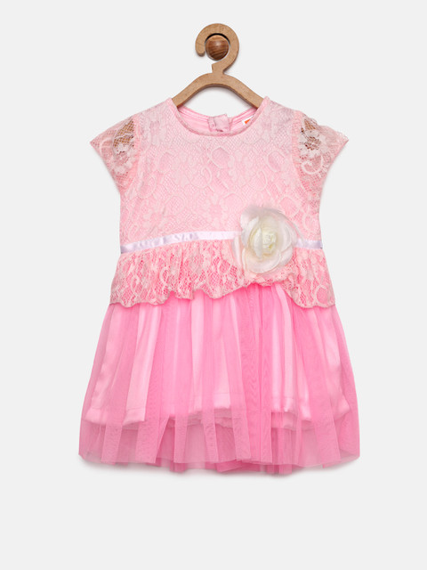 

612 league Girls Pink Self Design Fit and Flare Dress