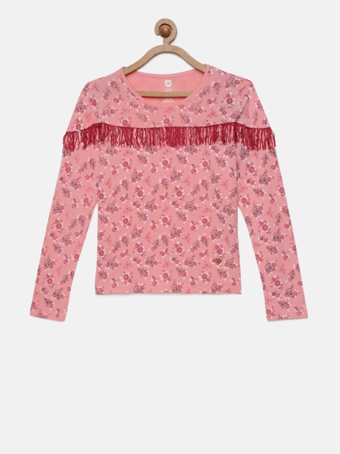 

612 league Girls Peach-Coloured Printed Pure Cotton Top