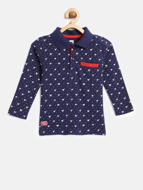 

612 league Boys Navy Blue Printed Polo Collar T-shirt