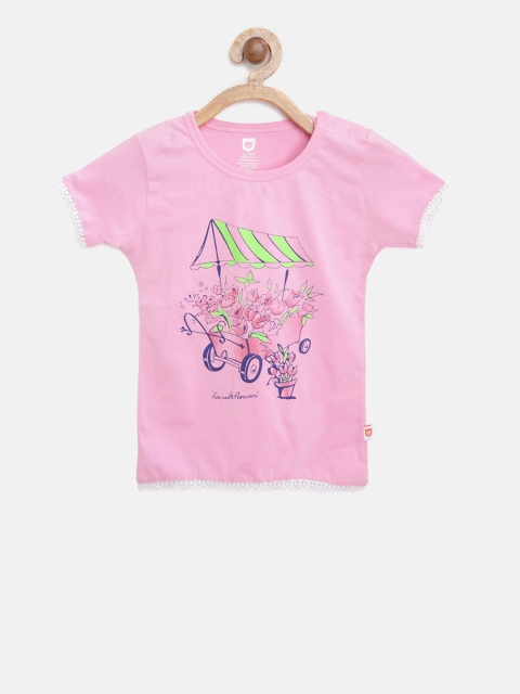 

612 league Girls Pink Printed Top with Lace Inserts