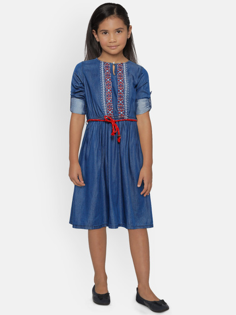 

612 league Girls Navy Blue Embroidered Chambray Fit and Flare Dress with Belt