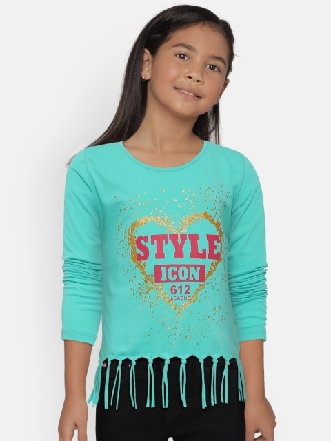 

612 league Girls Sea Green Printed Top with Fringes