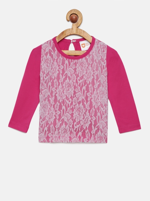

612 league Girls Fuchsia & White Self Design Top