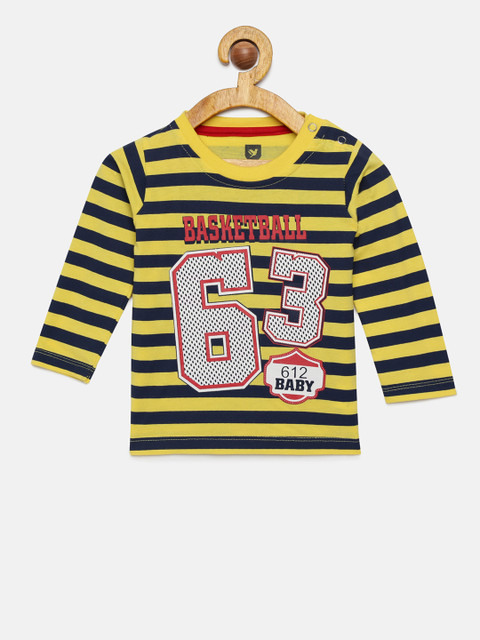 

612 league Boys Yellow & Navy Blue Striped Round Neck T-shirt