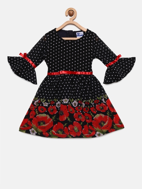 

612 league Girls Black Printed Fit and Flare Dress