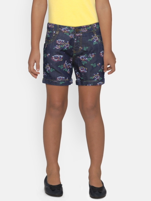 

612 league Girls Navy Blue & Green Printed Regular Fit Chambray Shorts