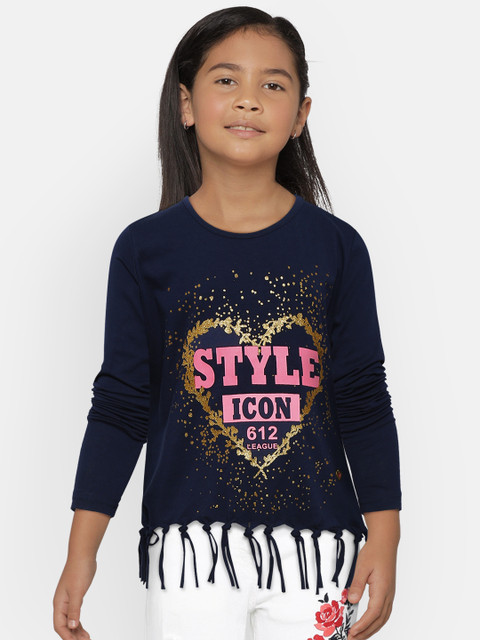 

612 league Girls Navy Blue Printed Top with Fringes