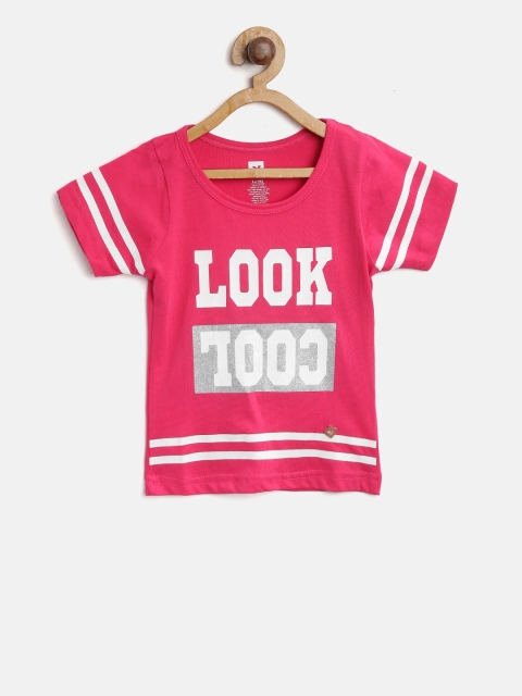 

612 league Girls Pink & White Printed Round Neck Pure Cotton T-shirt