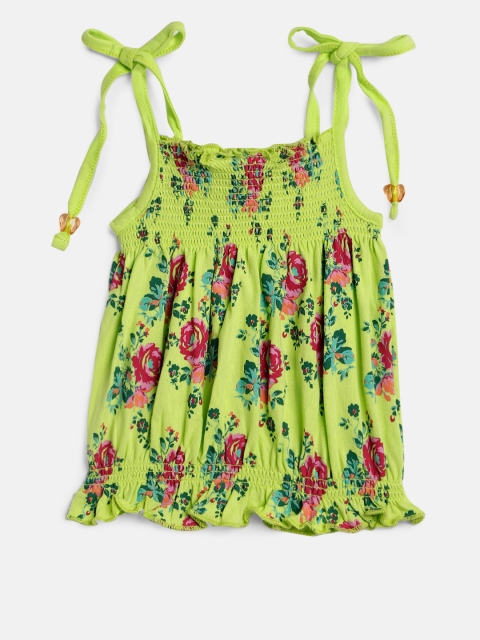 

612 league Girls Green & Pink Printed Blouson Pure Cotton Top