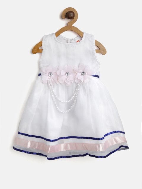 

612 league Girls White & Pink Solid Fit & Flare Dress