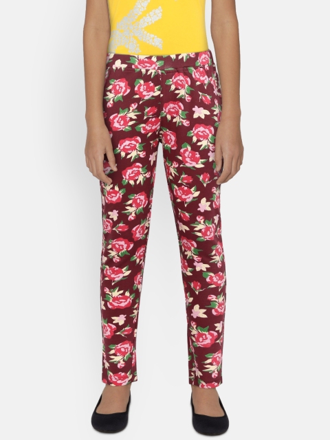 

612 league Girls Maroon & Red Printed Treggings